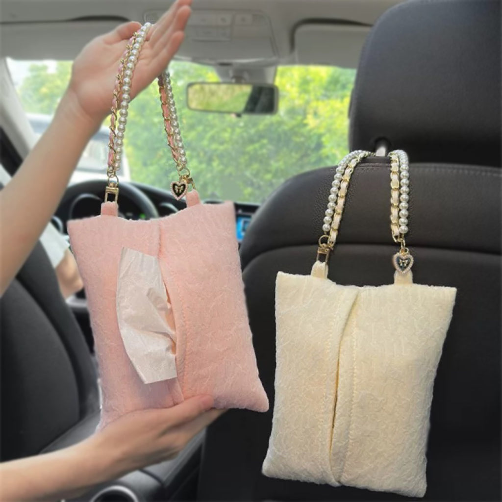 Cute Car Tissue Holder with Pearl Handbag Chain