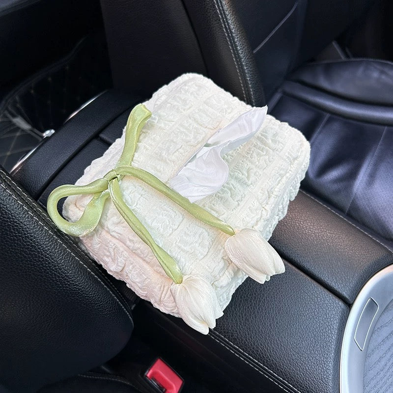 Cute White and Pink Tulip Flowers, Car Tissue Holder