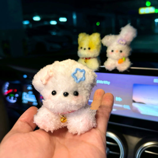 Cute Handmade White Dog with Bell Plush Doll, Car Dashboard Decoration