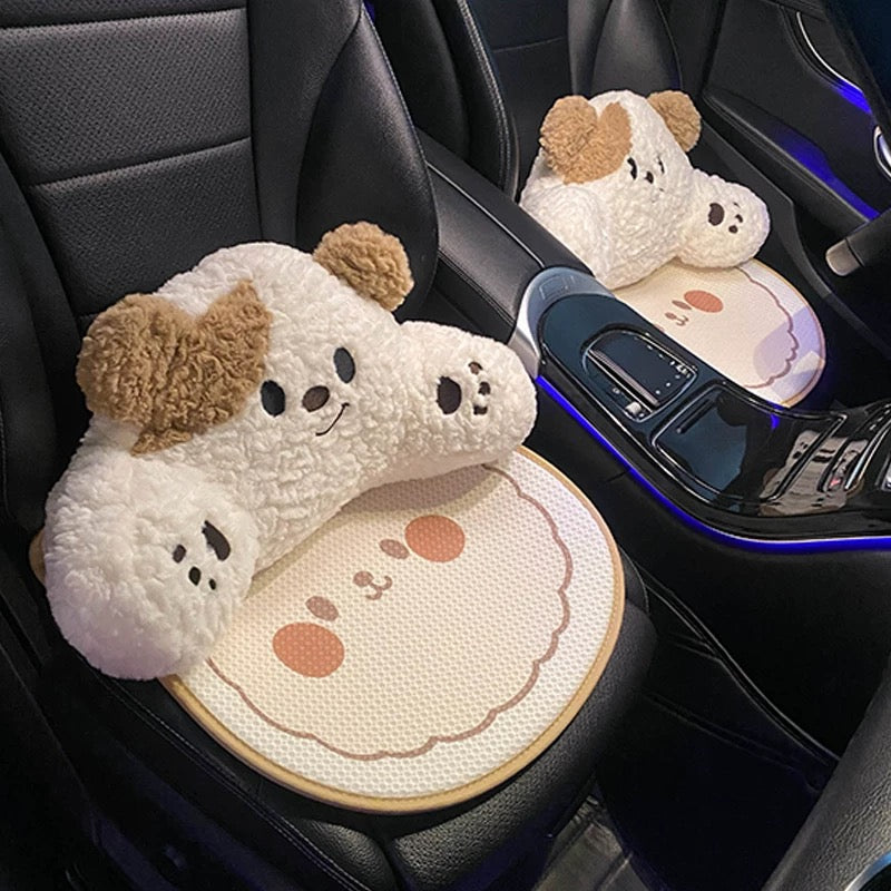 Cute Dog & Bear, Car Neck & Back Pillows with Cooling Seat Cushions