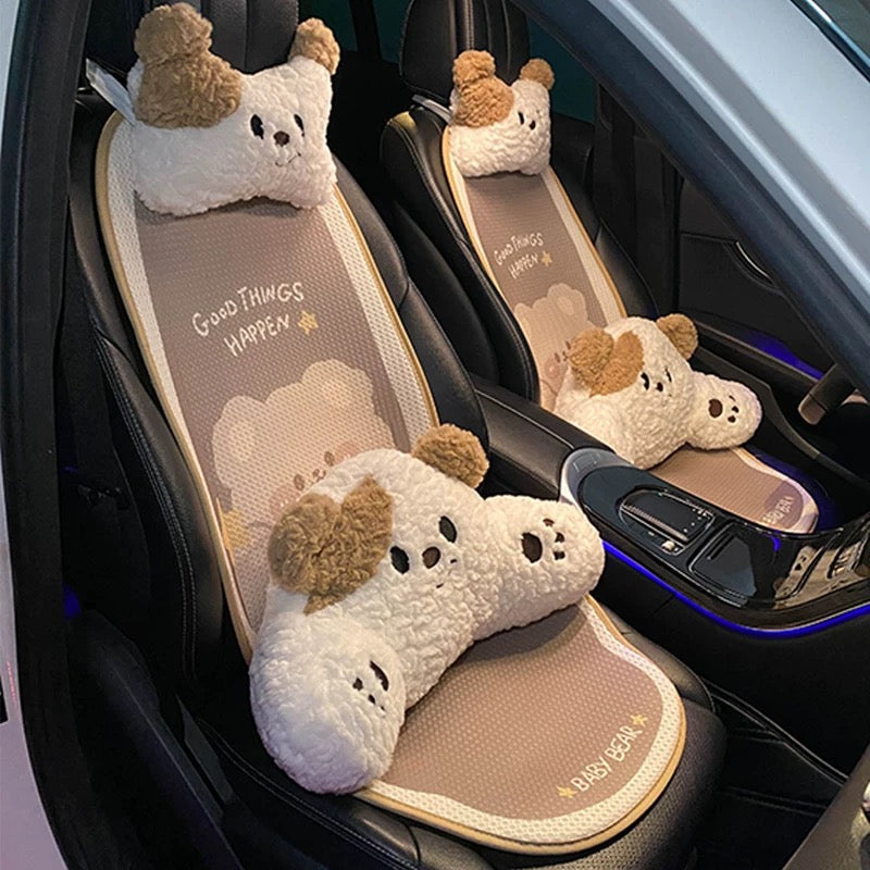 Cute Dog & Bear, Car Neck & Back Pillows with Cooling Seat Cushions