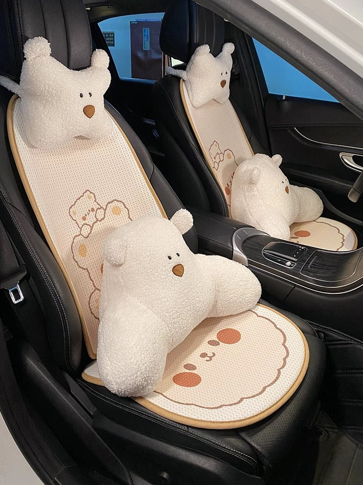 Cute Bear Car Neck & Back Pillows with Cooling Seat Cushions