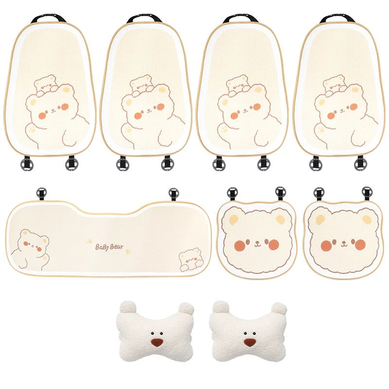 Cute Bear Car Neck & Back Pillows with Cooling Seat Cushions