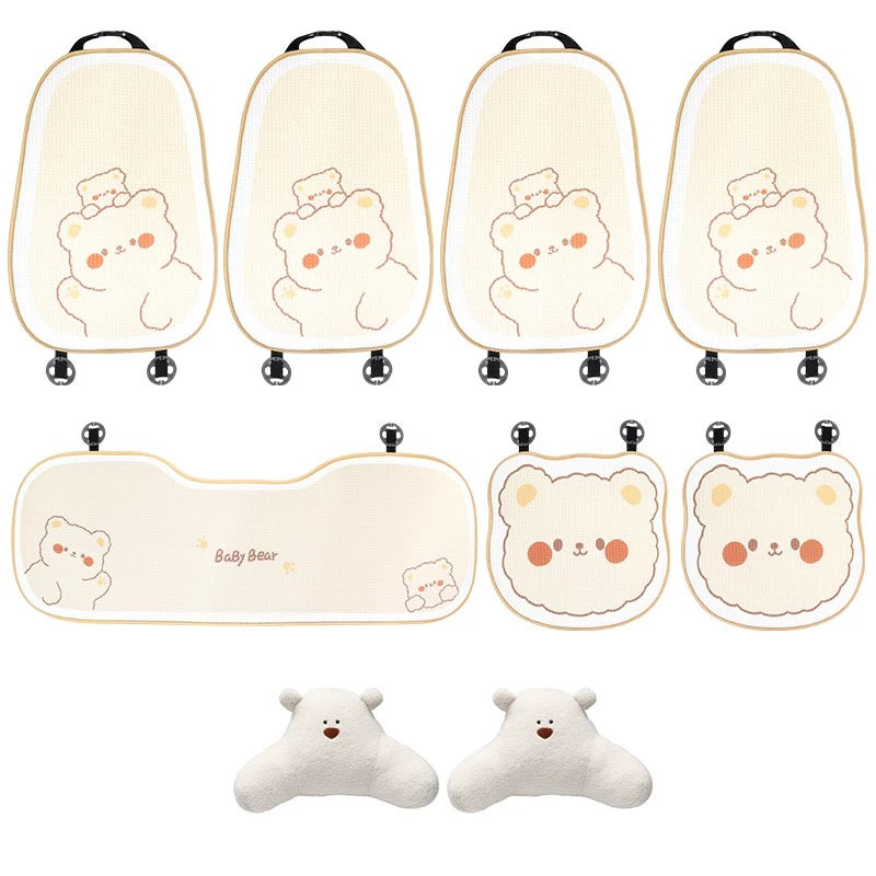 Cute Bear Car Neck & Back Pillows with Cooling Seat Cushions