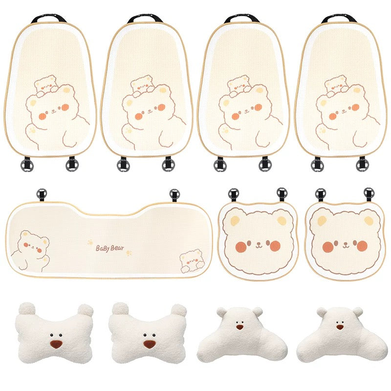 Cute Bear Car Neck & Back Pillows with Cooling Seat Cushions