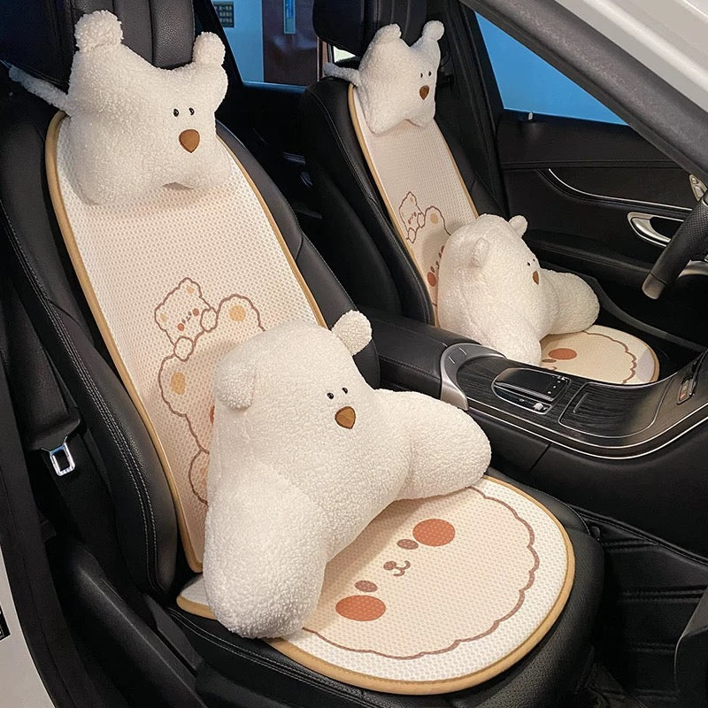 Cute Bear Car Neck & Back Pillows with Cooling Seat Cushions
