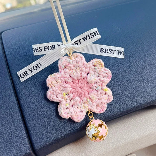 Cute Hand Knitting Cherry Blossom Car Rearview Mirror Hanging Decoration