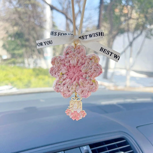 Cute Hand Knitting Cherry Blossom Car Rearview Mirror Hanging Decoration