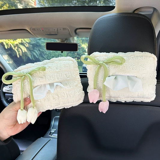 Cute White and Pink Tulip Flowers, Car Tissue Holder