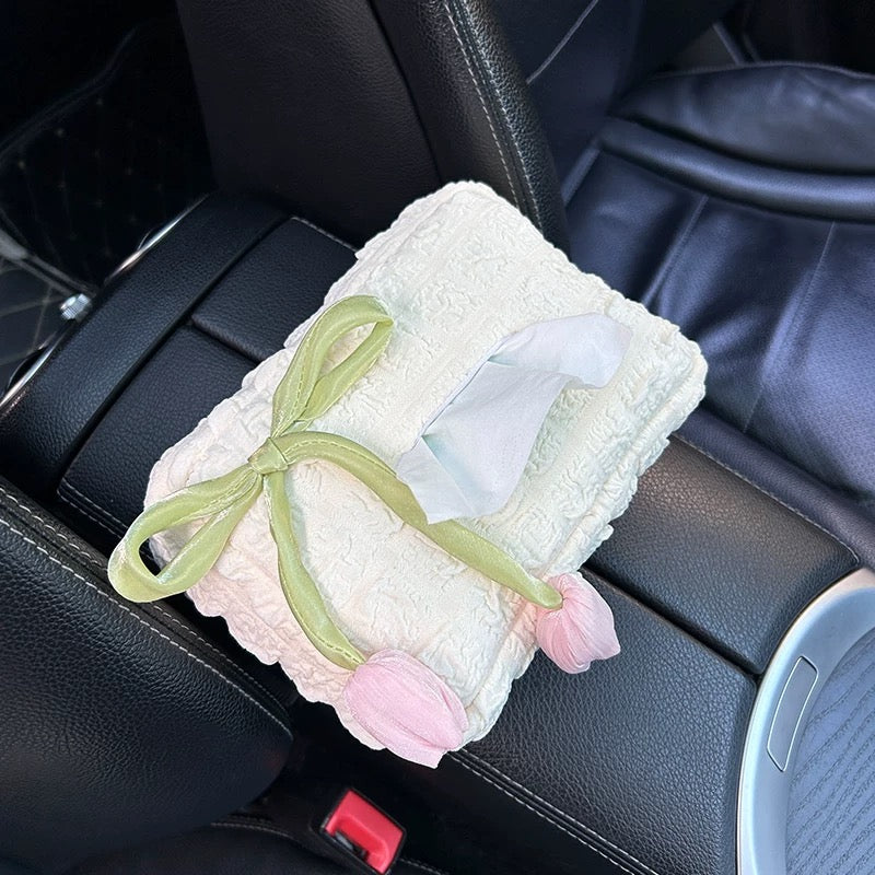 Cute White and Pink Tulip Flowers, Car Tissue Holder