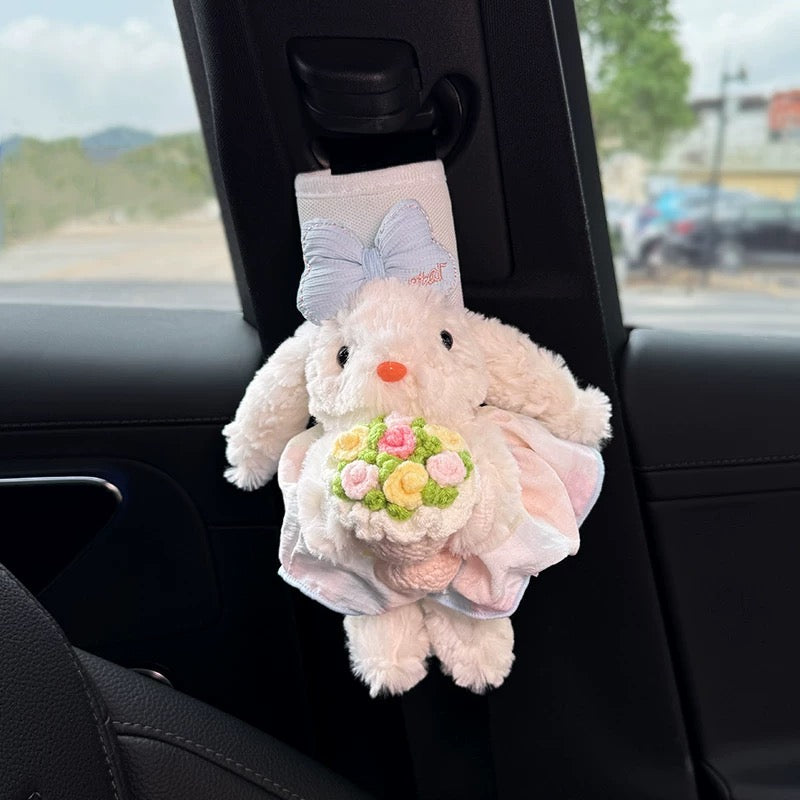 Cute Rabbit with Bouquet, Car Seat Belt Shoulder Strap Cover