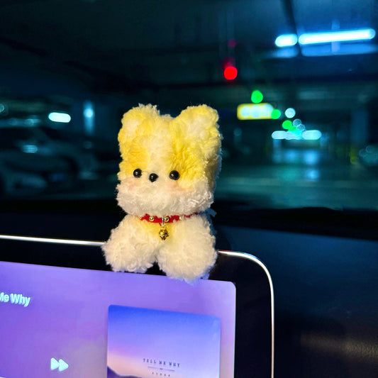 Cute Handmade Yellow/White Dog Plush Doll, Car Dashboard Decoration