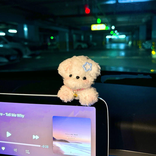 Cute Handmade White Dog with Bell Plush Doll, Car Dashboard Decoration