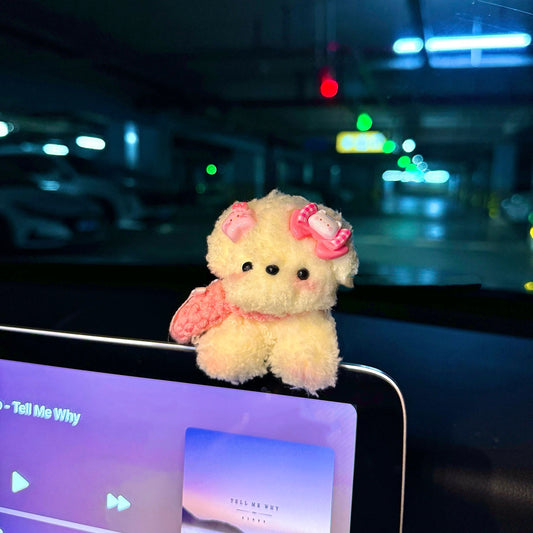 Cute Handmade White Dog with Pink Bag Plush Doll, Car Dashboard Decoration