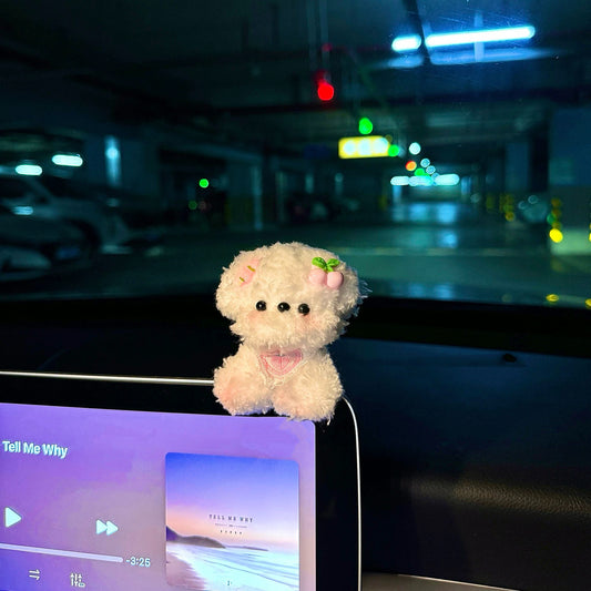 Cute Handmade White/Pink Cherry Dog Plush Doll, Car Dashboard Decoration
